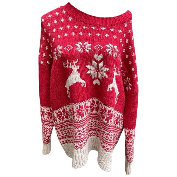 Fat Face UK Wool Blend Fair Isle Red Cream Reindeer Ski Resort Sweater Size 18 - Picture 8 of 16